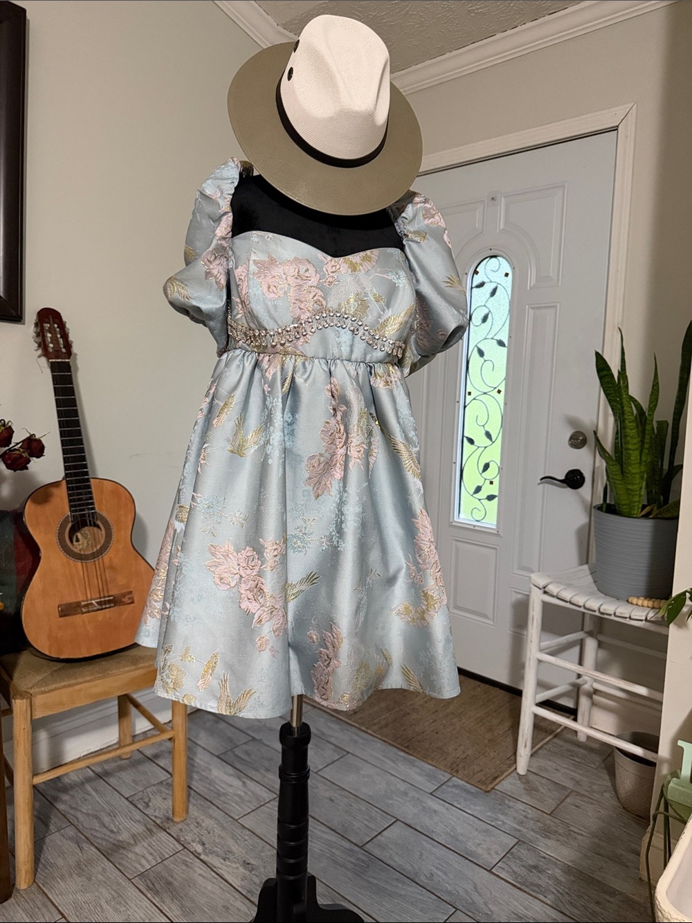 ASOS Curve Light Blue Floral Puff-Sleeve Midi Dress with Pearled Waist